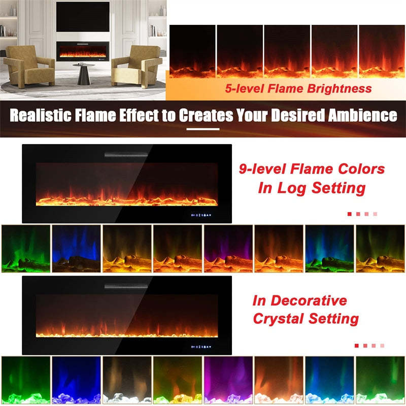 50" Electric Fireplace Insert 5000 BTU Recessed Wall Mounted Fireplace Heater with Decorative Crystal, Dual Control & 9-Level Adjustable Flame