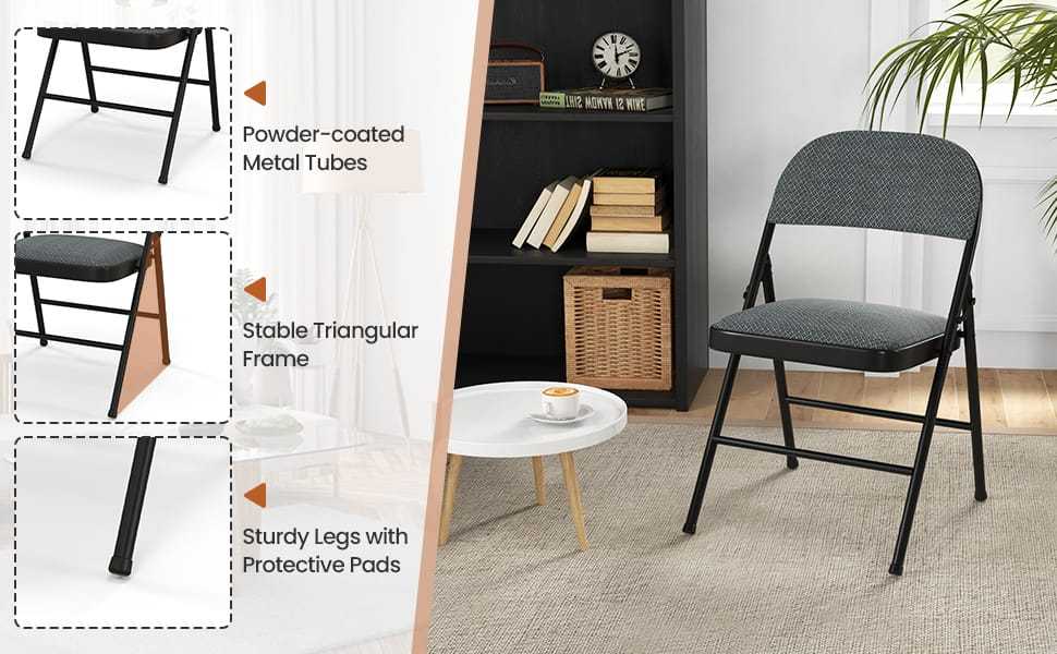 4-Pack Folding Chairs Home Office Chairs with Padded Seat, Metal Frame Fabric Dining Chairs Set of 4 Outdoor Indoor Upholstered Restaurant Chairs