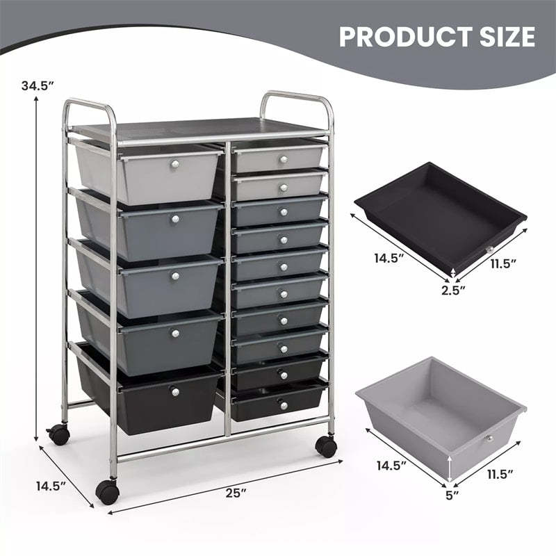 15-Drawer Rolling Storage Cart, Mobile Organizer with Wheels for Office, School, Craft, Tools, Scrapbook Paper, Storage Drawer Cart