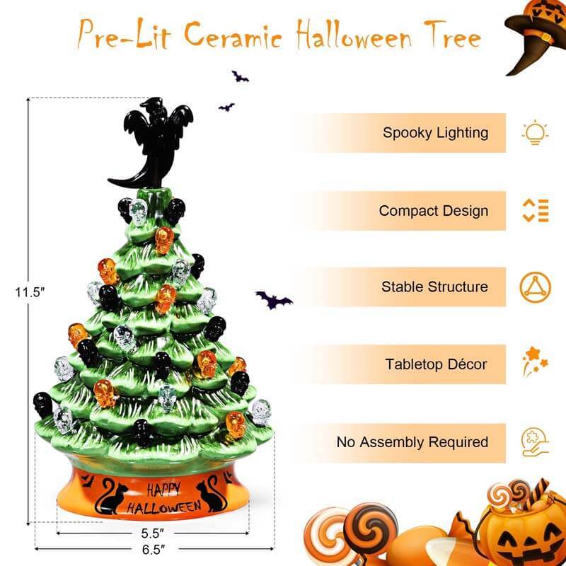 11.5 Inch Hand-Painted Green Tabletop Ceramic Halloween Tree with 12 Built-in Lights
