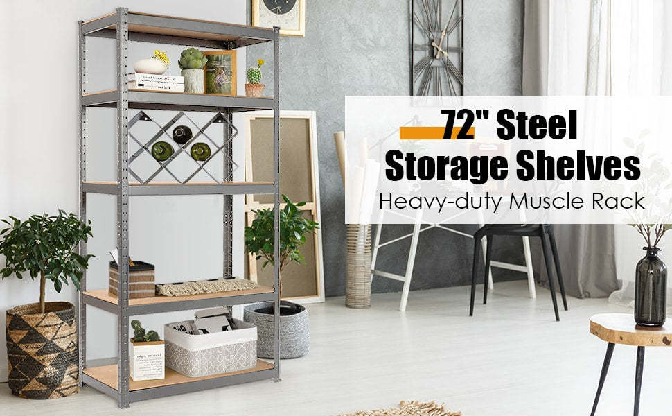 72" Heavy Duty Shelving Unit 5-Tier Adjustable Garage Storage Shelves 2925LBS Open Display Rack For Home Office Dormitory