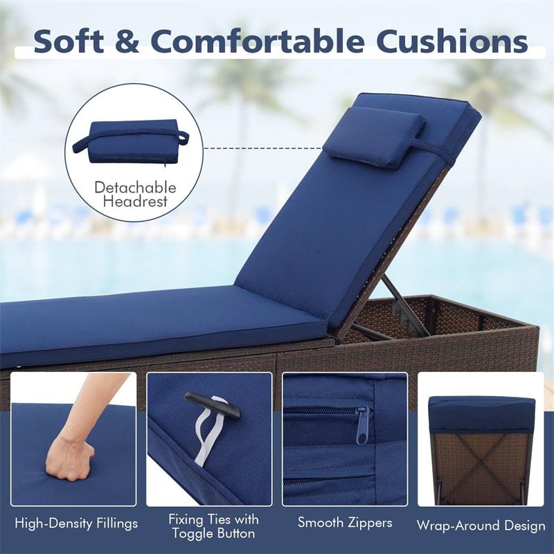 Patio Chaise Lounge, Outdoor Rattan Lounge Chair with 6-Level Adjustable Backrest, Cushion & Headrest, Metal Frame Backyard Reclining Chair