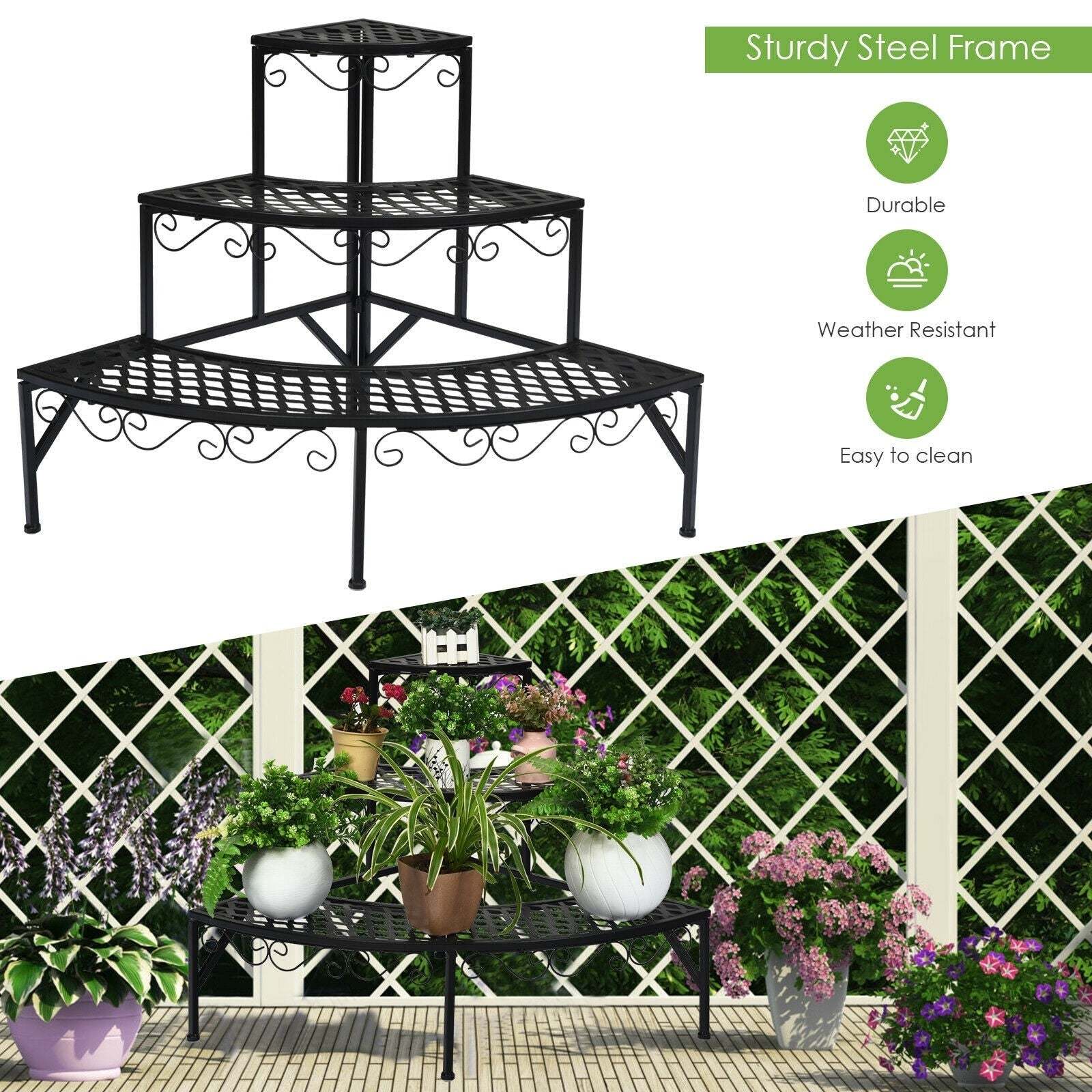 3 Tier Outdoor Metal Corner Plant Stand Step Ladders Display Rack