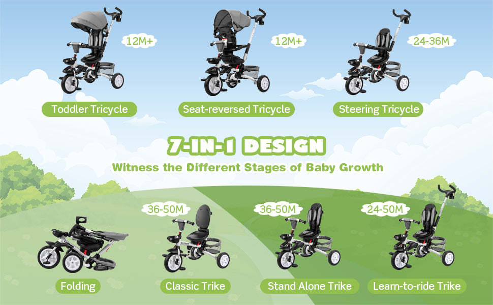 7 in 1 Folding Kids Tricycle Toddler Bike Stroller with Adjustable Canopy Removable Push Handle Rotatable Seat