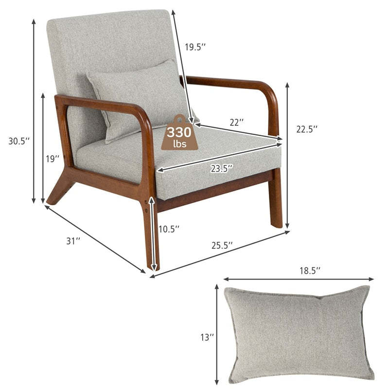Modern Accent Chair, Upholstered Leisure Armchair with Lumbar Pillow, Rubber Wood Frame, Soft Padded Cushion for Living Room, Bedroom, Office