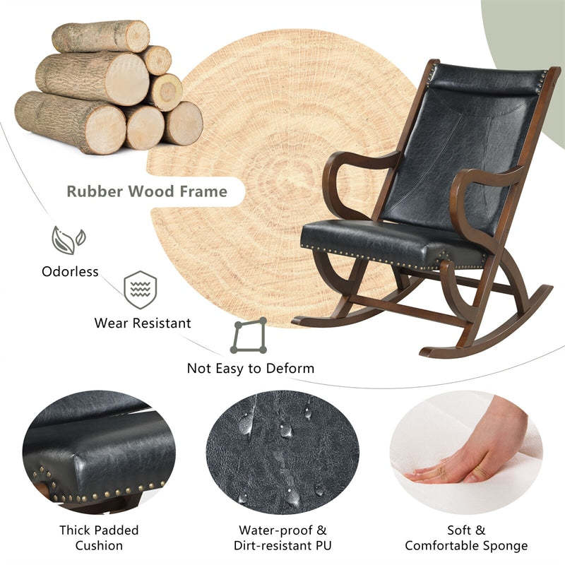 PU Leather Rocking Chair Modern Rocker with Cushion and Rubber Wood Frame for Nursery Living Room Bedroom Lounge Office