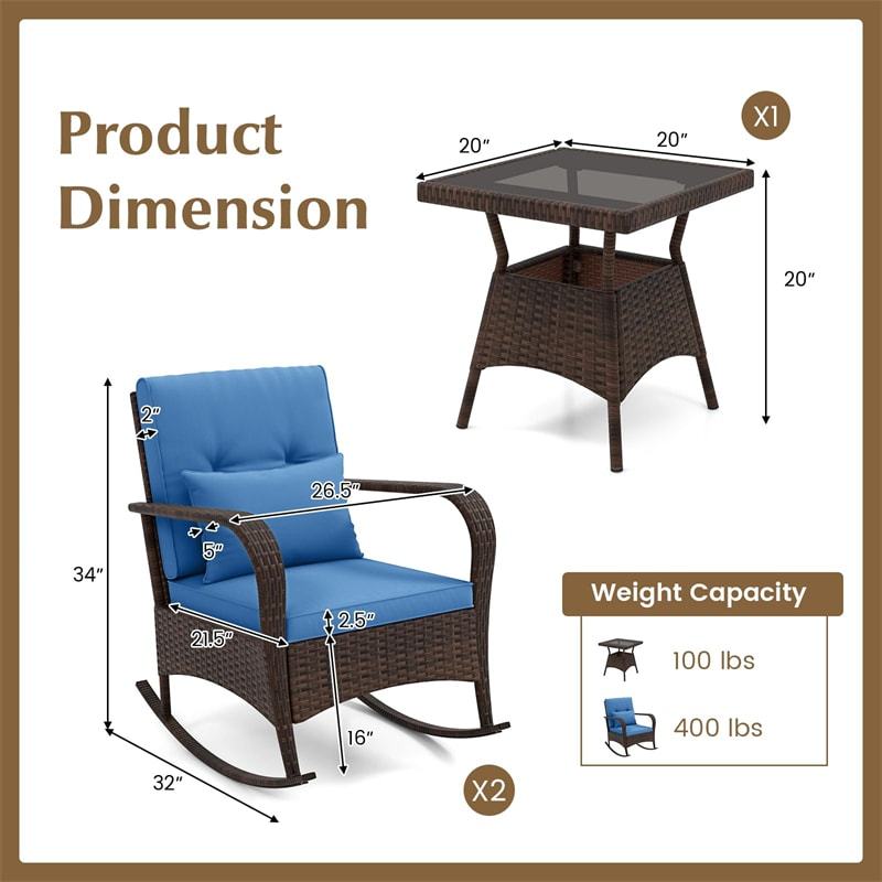 3-Piece PE Rattan Rocking Bistro Set with Removable Cushions & Tempered Glass Table, Outdoor Patio Furniture Set for Porch, Poolside, Backyard