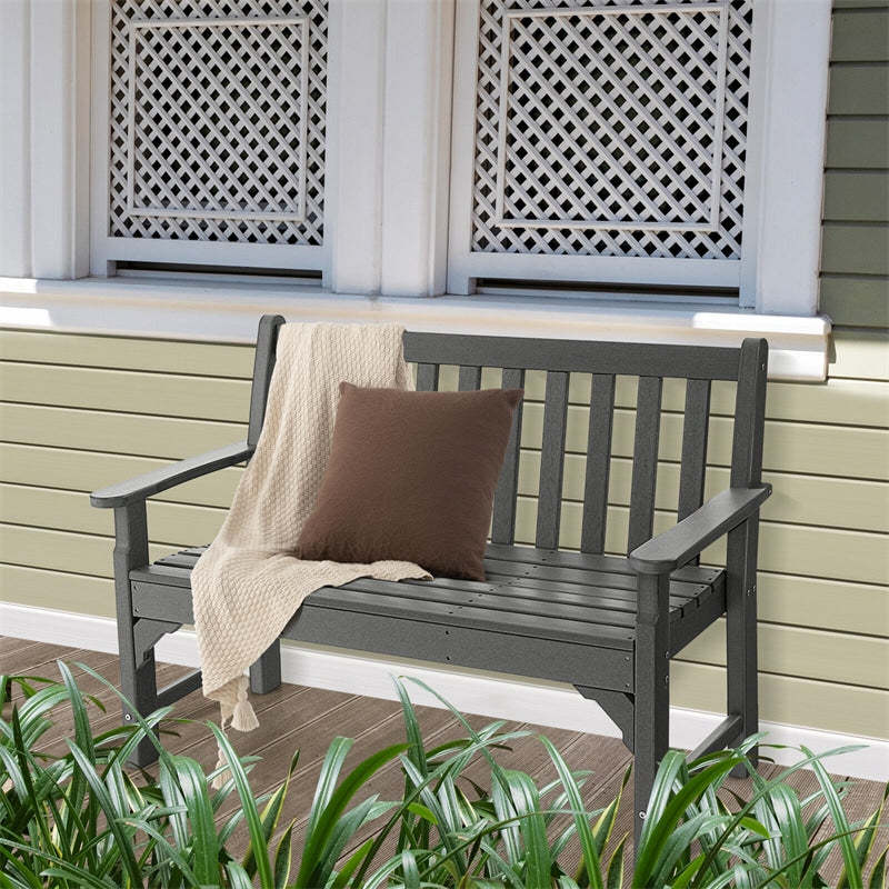 Outdoor Garden Bench All-Weather HDPE Park Bench 2-Person Patio Bench with Slatted Backrest & Armrest for Backyard Lawn