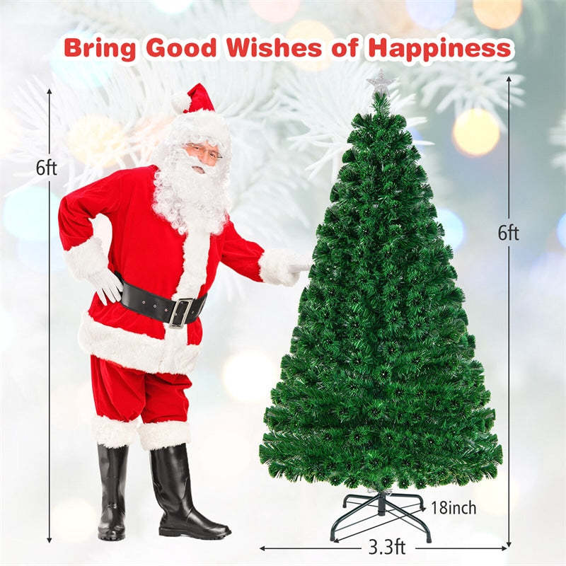 6FT Fiber Optic Artificial Christmas Tree Pre-Lit Xmas Full Tree 230 Branch Tips with Colorful LED Lights, 8 Lighting Modes & Metal Stand