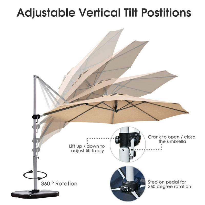 11 Ft Patio Offset Cantilever Umbrella 360° Rotation Tilt with Cross Base & Crank Handle