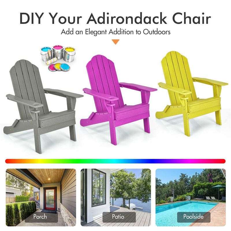 HDPE Folding Adirondack Chair, Outdoor Fire Pit Chair with Cup Holder, Weather Resistant Patio Lounge Chair for Backyard, Garden, Poolside
