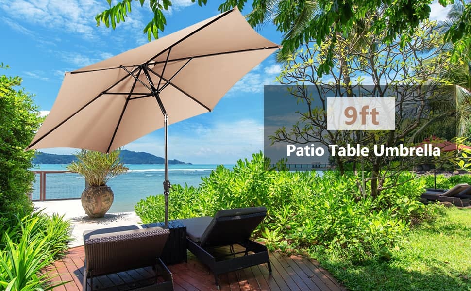9FT Patio Umbrella Auto Tilt Market Umbrella with Crank & 8 Sturdy Steel Ribs, Outdoor Table Umbrella for Garden Yard Beach Deck