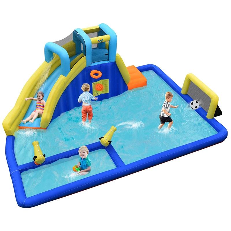Inflatable Water Slide 6-in-1 Kids Giant Waterslide Park with Climbing Wall, Dual Water Cannons, Soccer Goal, Splash Pool without Blower