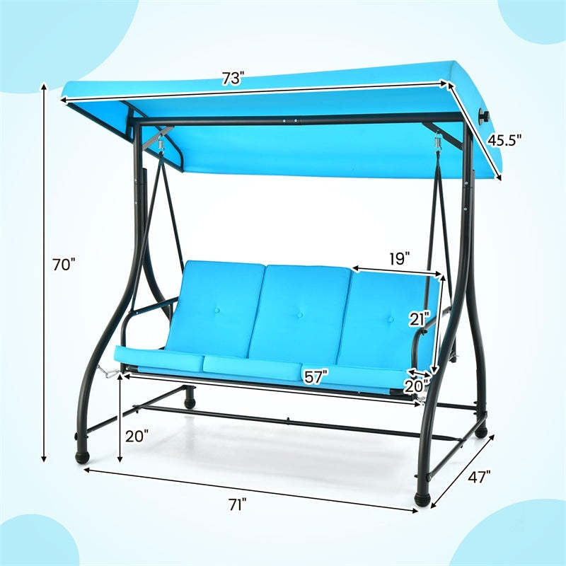 2-in-1 Convertible Patio Swing with Adjustable Canopy & Removable Cushions, Steel Frame 3-Person Outdoor Swing Bed for Deck/Backyard/Garden