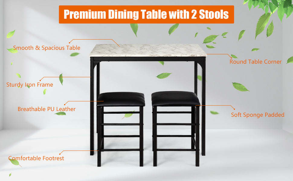 3 Pcs Counter Height Dining Set with Faux Marble Table & Cushioned Stools