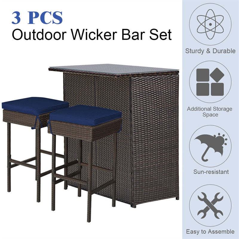3 Piece Patio Rattan Bar Set Outdoor Wicker Table Cushioned Stools with Gray & Off White Cover