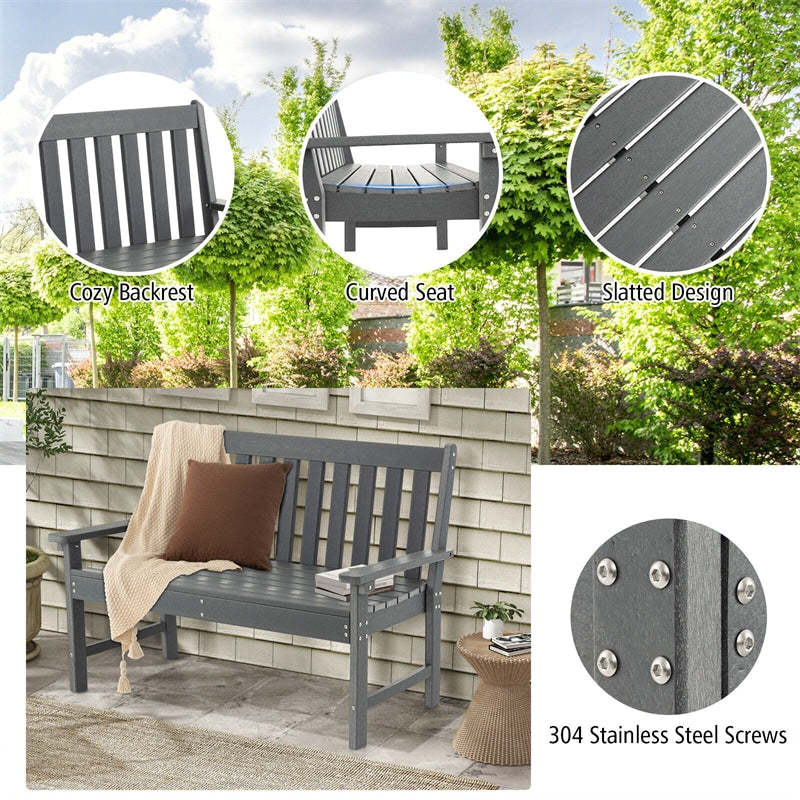 2-Person HDPE Outdoor Garden Bench, 52" All-Weather Patio Bench with Slatted Backrest & Armrests, 705lbs Capacity for Park, Backyard, Porch