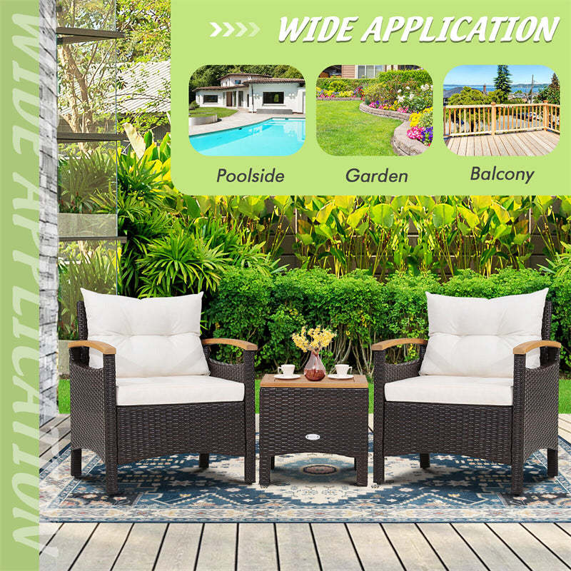 3PCS Patio Rattan Conversation Set Wicker Furniture Set with Acacia Wood Armrest Table Top & Cushions