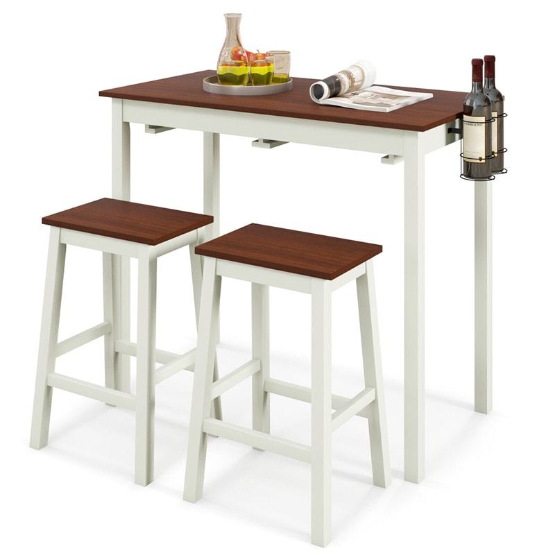 3-Piece Bar Table Set Counter Height Dining Set Space Saving Dinette Table with 2 Stools & 2 Wine Holders for Bar Kitchen Living Room