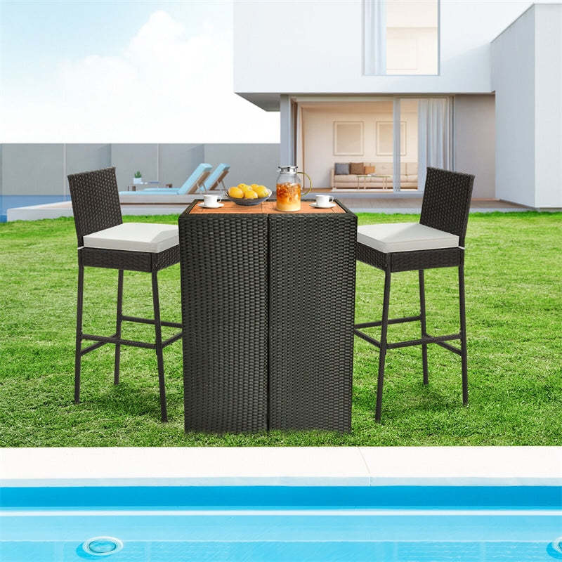Wicker Outdoor Bar Stools Set of 2, Heavy-Duty Metal Frame Bar Height Patio Chairs with Soft Seat Cushions & Footrests