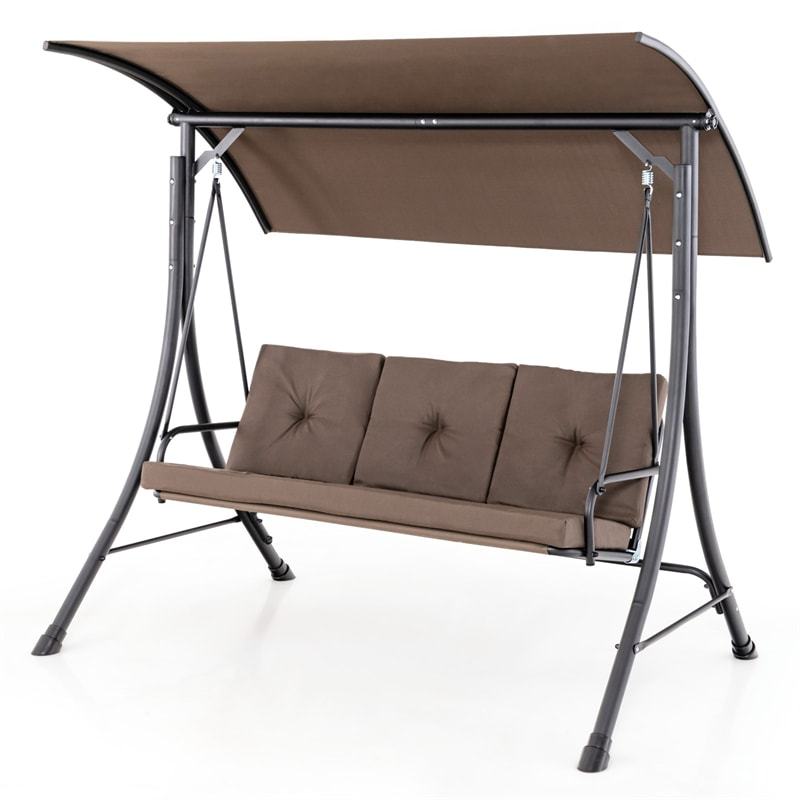 3-Seat Outdoor Porch Swing with Adjustable Canopy & Removable Cushions, Steel Frame Patio Swing for Garden, Backyard, Balcony, Poolside
