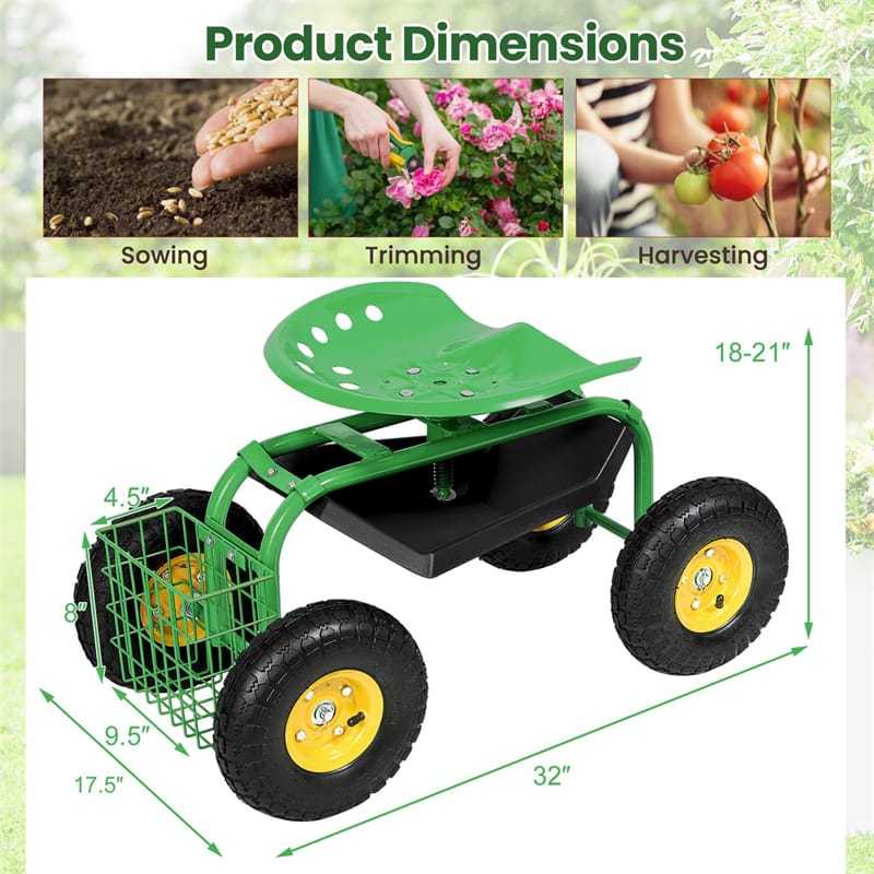 Rolling Garden Cart with 360° Swivel Seat, Tool Basket, Adjustable Height, 300LB Capacity Heavy Duty Gardening Seat for Lawn, Yard Work, Seniors