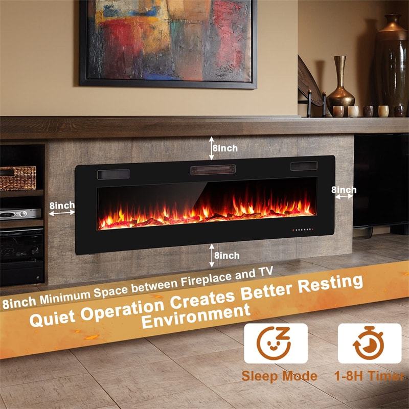 68 Inch Ultra-Thin Electric Fireplace Insert Recessed Wall Mounted Fireplace with Remote Control Crystal Log Decoration