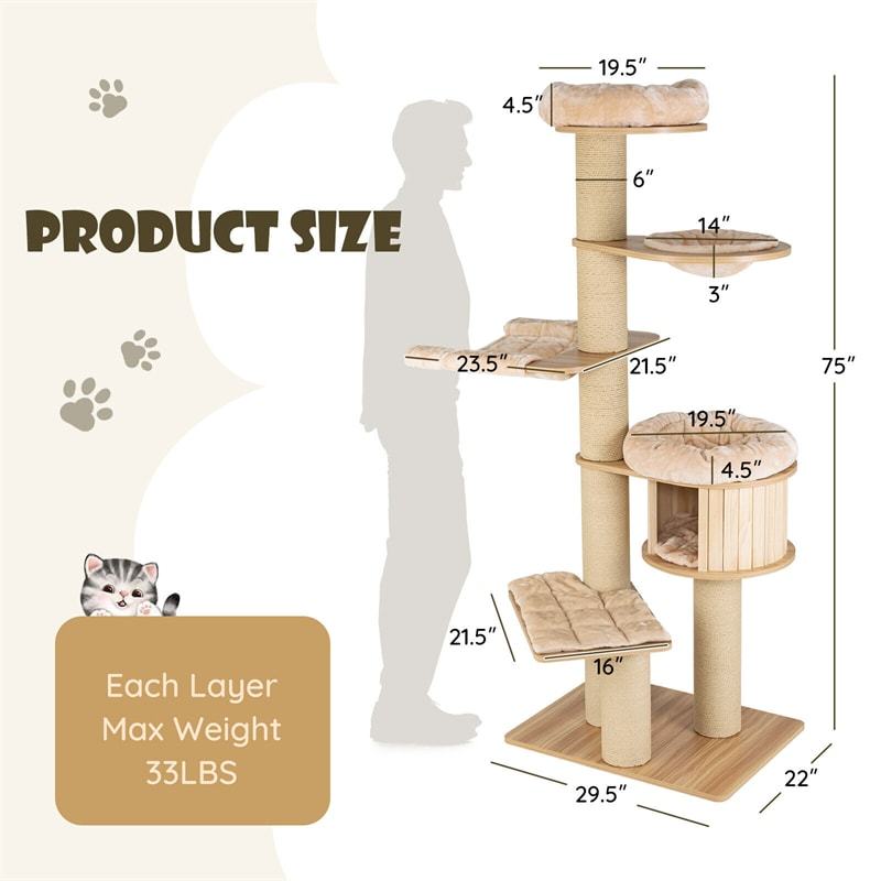 75" Tall Cat Tree, Multi-Level Cat Tree Tower with Cat Condo, Sisal Scratching Posts, Hammocks, Basket Bed & Washable Cushions for Large Indoor Cats
