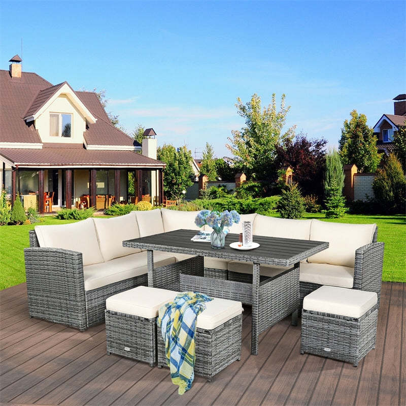 7 PCS Rattan Patio Dining Furniture Sectional Sofa Set with Wicker Ottomans