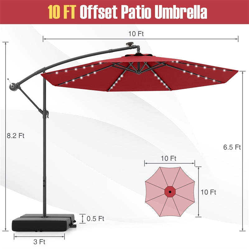 10FT Solar Offset Patio Umbrella, Hanging Cantilever Umbrella with 32 LED Lights, Adjustable Tilt, Sand Bag Base for Garden, Poolside, Yard