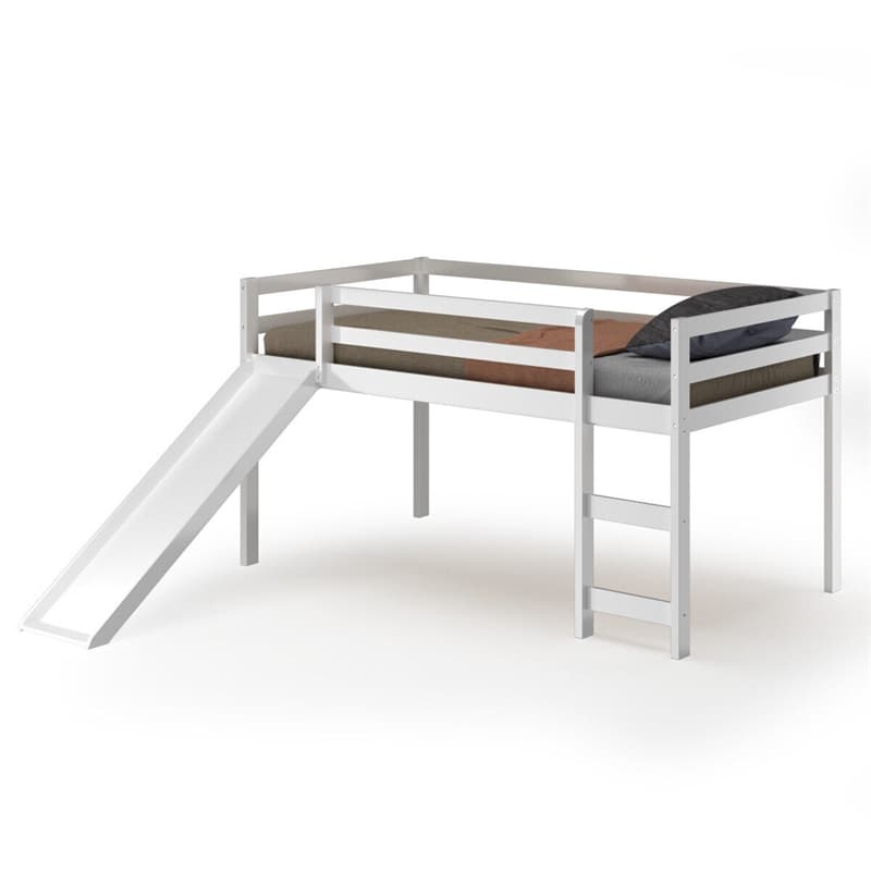 Twin Loft Bed with Slide, Solid Wood Low Loft Bed Twin Loft Bed Frame with Climbing Ladder & Guardrail, Twin Kids Bed for Girls Boys