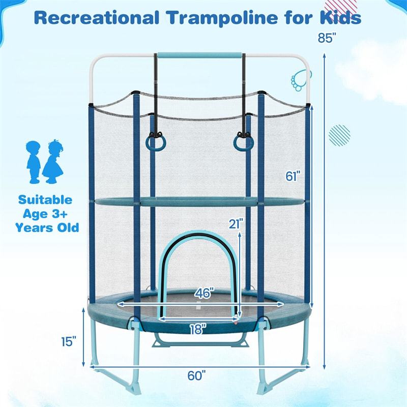 5FT Kids Trampoline, ASTM Approved 3-in-1 Toddler Trampoline with Safety Enclosure, Adjustable Horizontal Bar & Swing Rings for Indoor Outdoor