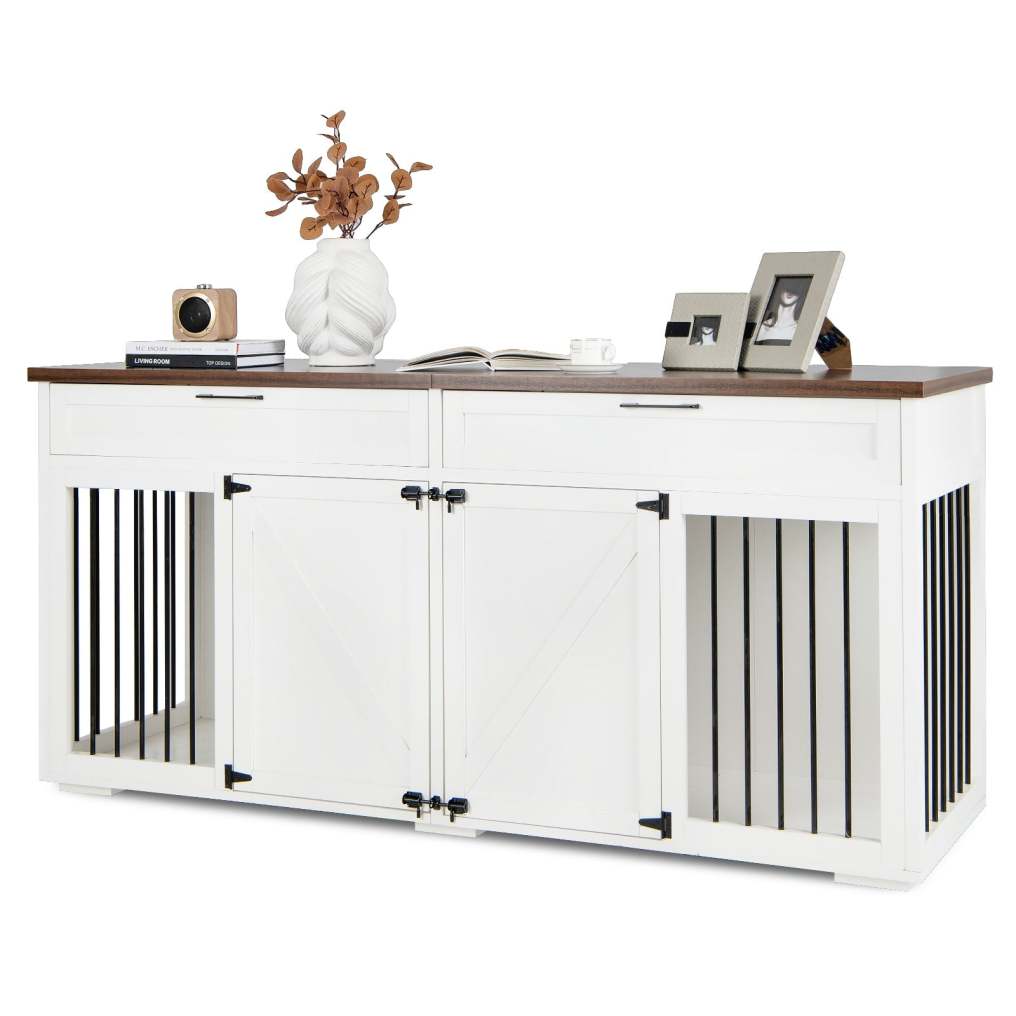 Large Double Dog Crate Furniture 72" Indoor Dog Kennel with Removable Room Divider, 2 Drawers & Doors for Medium Large Dogs
