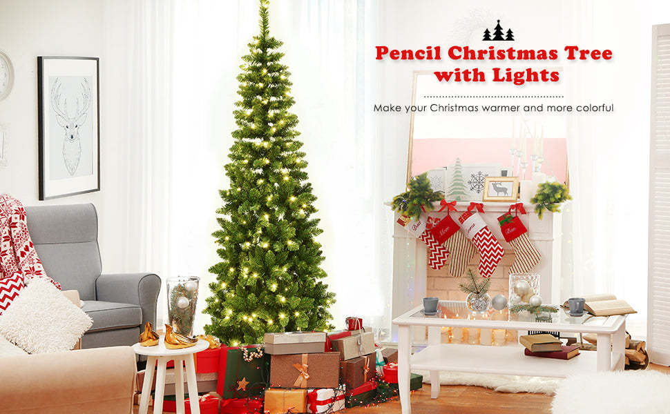 7.5FT Prelit Hinged Pencil Christmas Tree with LED Lights and Solid Metal Stand