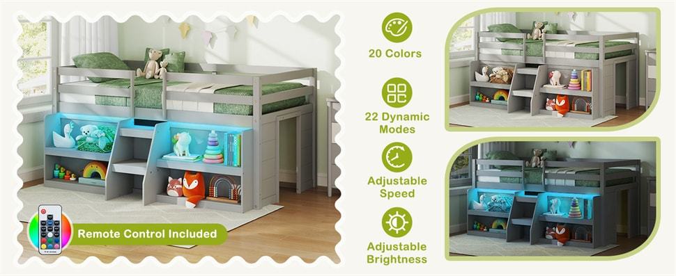 Twin Low Loft Bed for Kids, Wooden Loft Bed with Adjustable LED Lights, Stairs, Safety Guardrail, Storage Bookcase & Under Bed Play Area