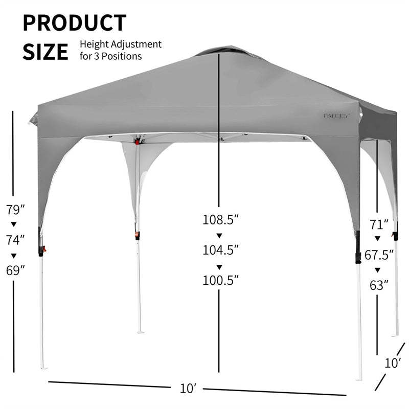10x10FT Commercial Pop-Up Canopy with Adjustable Height & Roller Bag, Heavy Duty Gazebo Tent Instant Shelter for Camping, Parties, Backyard