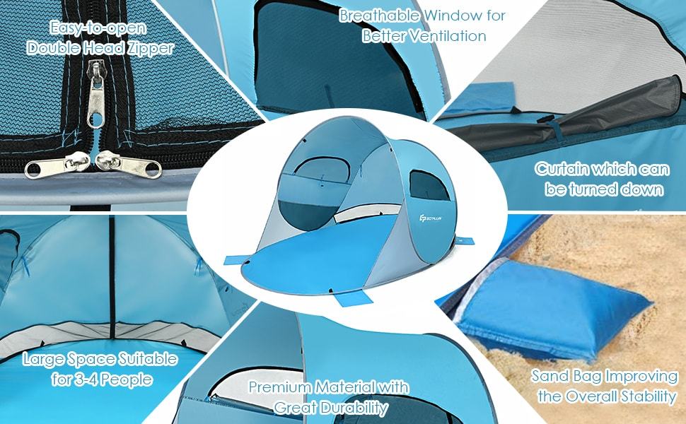 Pop Up Beach Tent Anti-UV UPF 50+ Portable Sun Shade Shelter