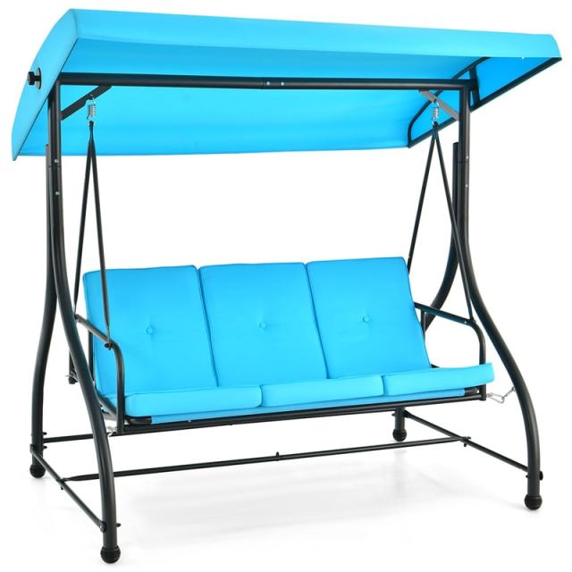 2-in-1 Convertible Patio Swing with Adjustable Canopy & Removable Cushions, Steel Frame 3-Person Outdoor Swing Bed for Deck/Backyard/Garden