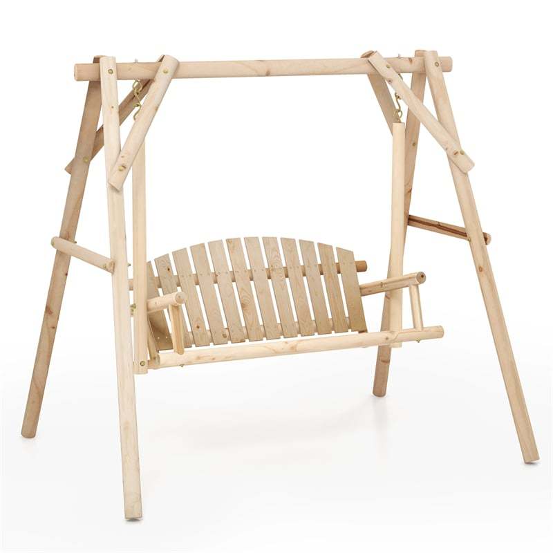 770lbs A-Frame Wooden Patio Swing with Stand, Reinforced Bars & Curved Back, Rustic Torched Log Porch Swing for Garden, Backyard