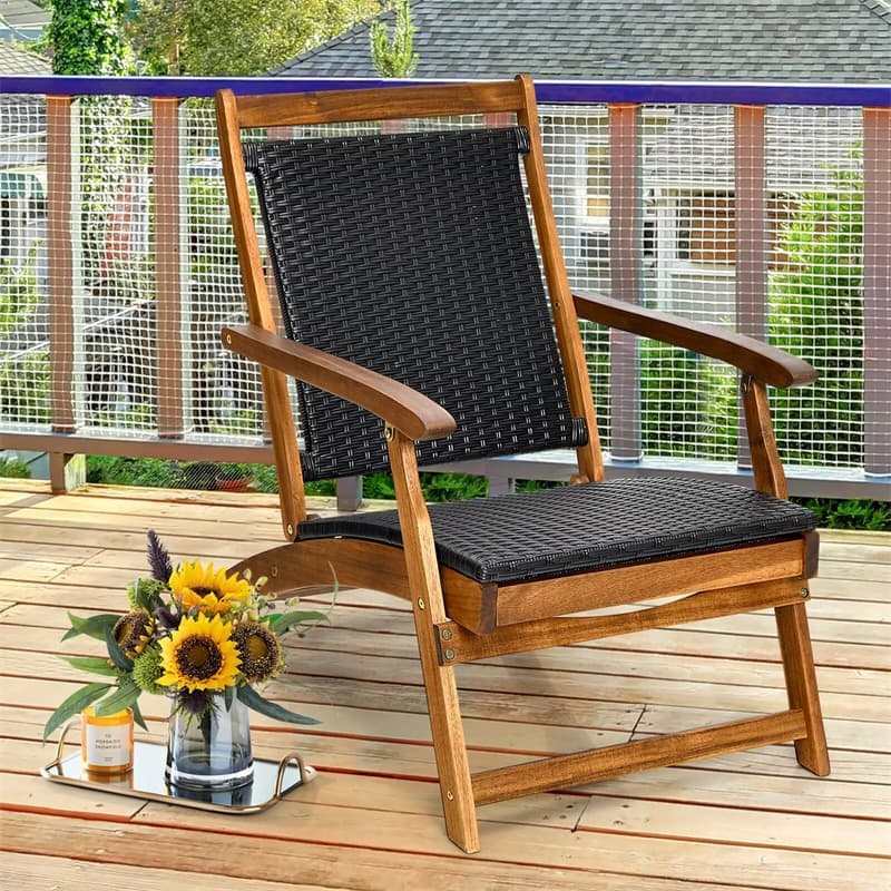 Set of 2 Acacia Wood Patio Folding Rattan Chaise Lounges with Retractable Footrest, Outdoor Deck Lounge Chairs for Backyard, Garden, Poolside