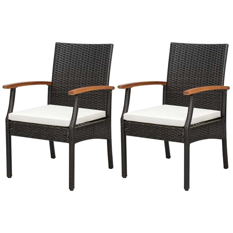 Patio PE Rattan Dining Chairs with Acacia Wood Armrests, Soft Zippered Cushions, Heavy-Duty Metal Frame Wicker Outdoor Armchairs for Balcony