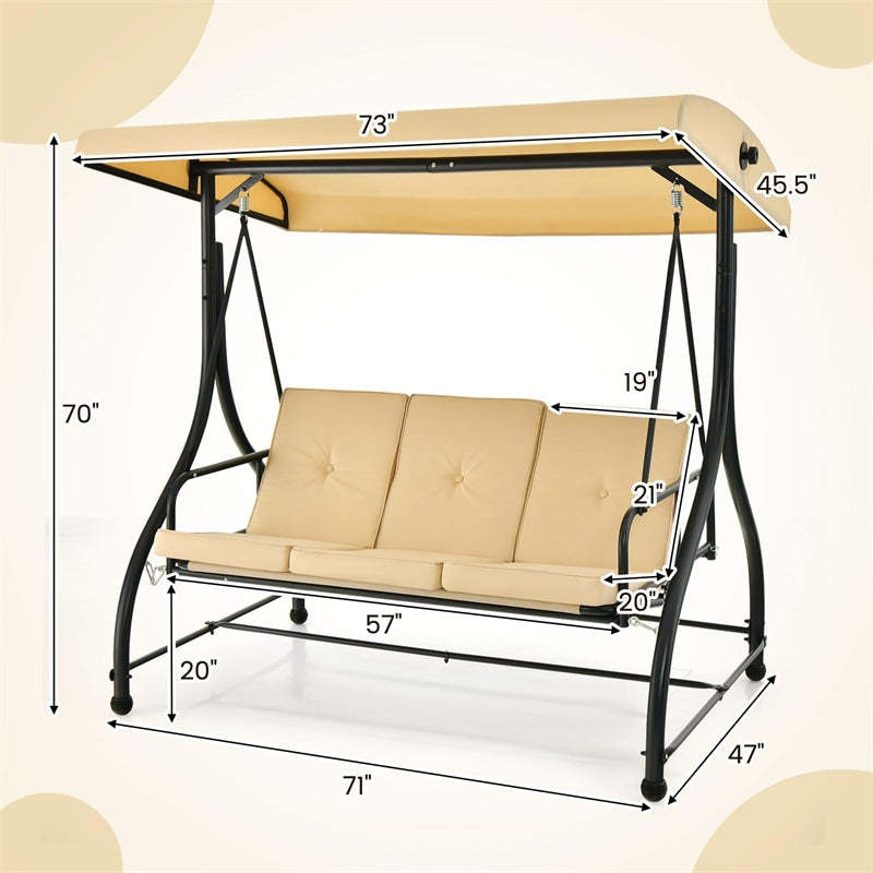 2-in-1 Convertible Patio Swing with Adjustable Canopy & Removable Cushions, Steel Frame 3-Person Outdoor Swing Bed for Deck/Backyard/Garden