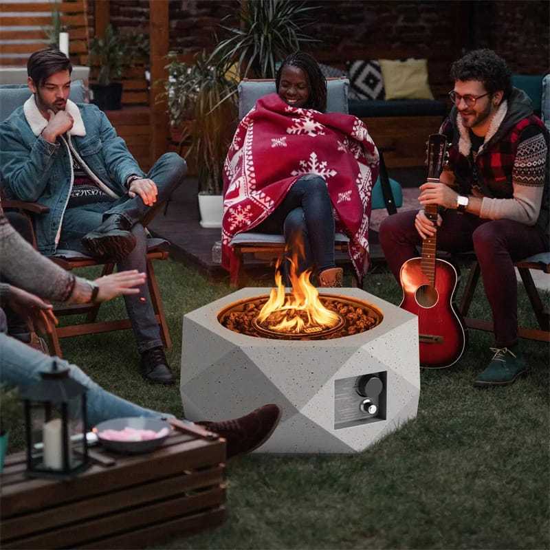 28" Propane Fire Pit Table, 40,000 BTU Hexagon Terrazzo Gas Fire Pit with Stainless Steel Burner, Lava Rocks, Protective Cover & Tank Seat for Patio