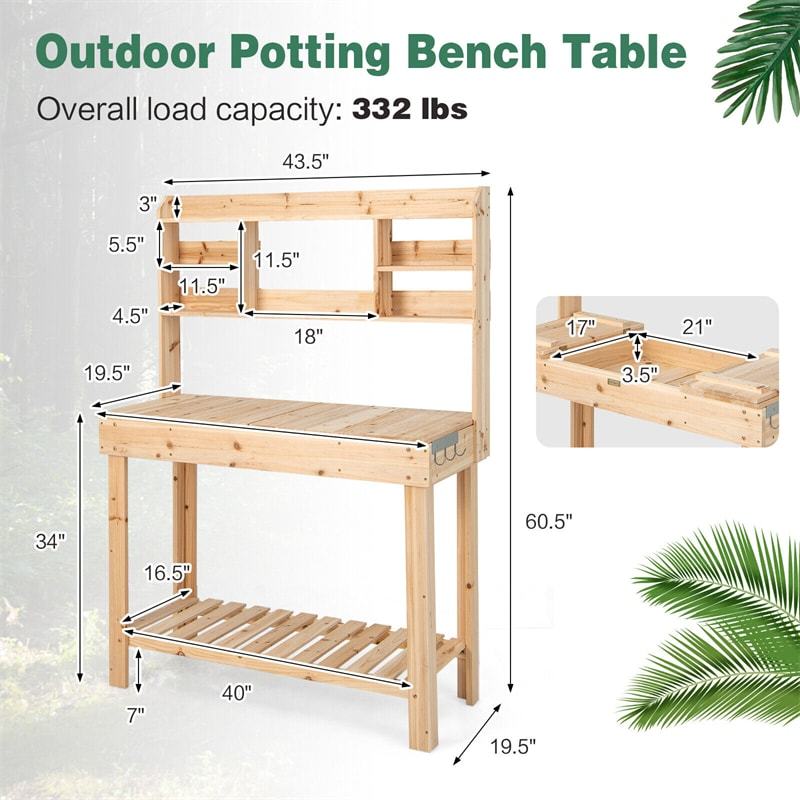 Outdoor Potting Bench, 60.5" Wood Garden Workstation Potting Table with Storage, Flip-Up Tabletop, Shelves & Hanging Hooks for Patio, Porch, Yard