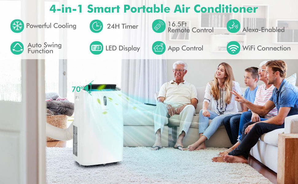 14000 BTU Portable Air Conditioner with Dehumidifier & WiFi Smart App Control