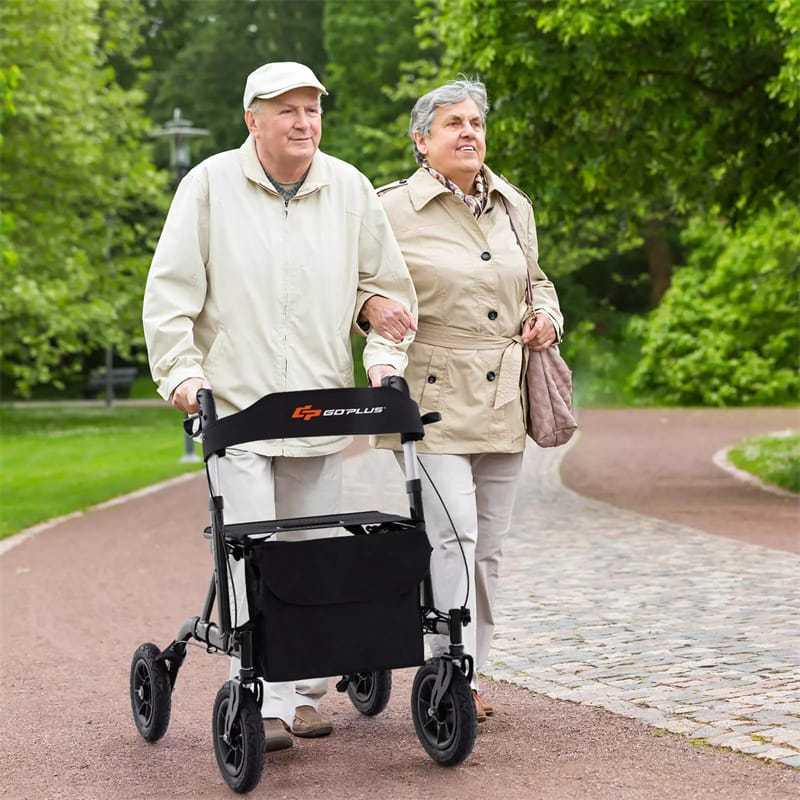 Foldable Rollator Walker with Seat & 9.5" All-Terrain Pneumatic Wheels, 350lbs Heavy Duty Height Adjustable Bariatric Rollator for Seniors/Adults