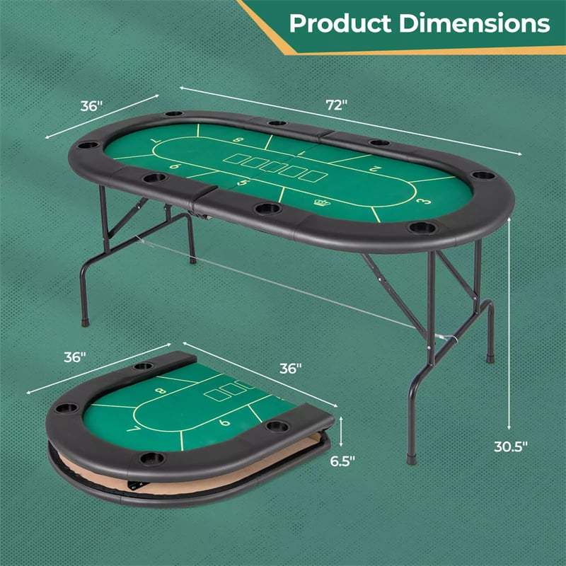 8-Player Poker Table, 72" Foldable Card Game Table with 8 Cup Holders, Casino-Grade Felt Surface, Portable Texas Holdem Table for Blackjack