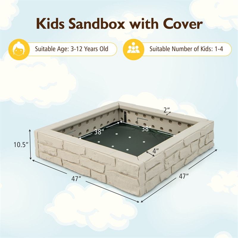 4FT Kids Sandbox, Weather Resistant HDPE Square Sand Pit with Oxford Cover & Bottom Liner for Outdoor Backyard, Lawn, Garden & Beach Play