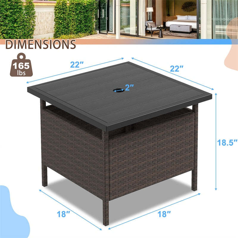 22" Wicker Outdoor Table Patio Rattan Square Side Table with HDPE Tabletop & Umbrella Hole