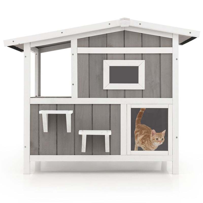 2-Story Outdoor Cat House Weatherproof Wooden Feral Cat Shelter Kitten Condo Cage with Escape Door, Balcony & 2 Jumping Platforms